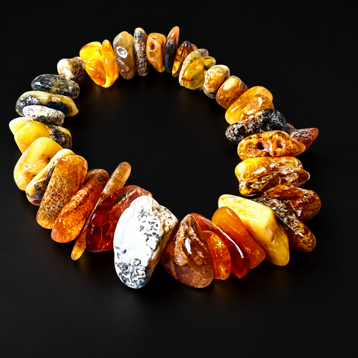 KIZIMA 3N0200q20.40 multicolored amber chip bracelet on a black studio surface