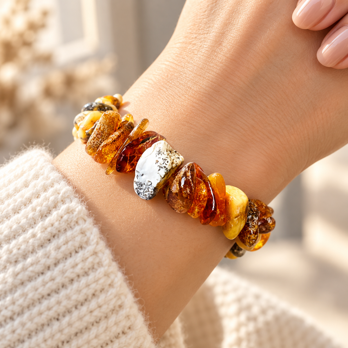 KIZIMA 3N0200q20.40 multicolored amber chip bracelet worn on a woman's wrist