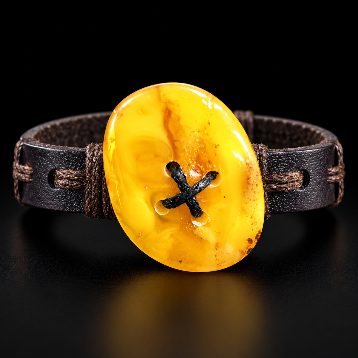 KIZIMA yellow oval amber bracelet with black cross lacing and flat dark leather band in black studio light