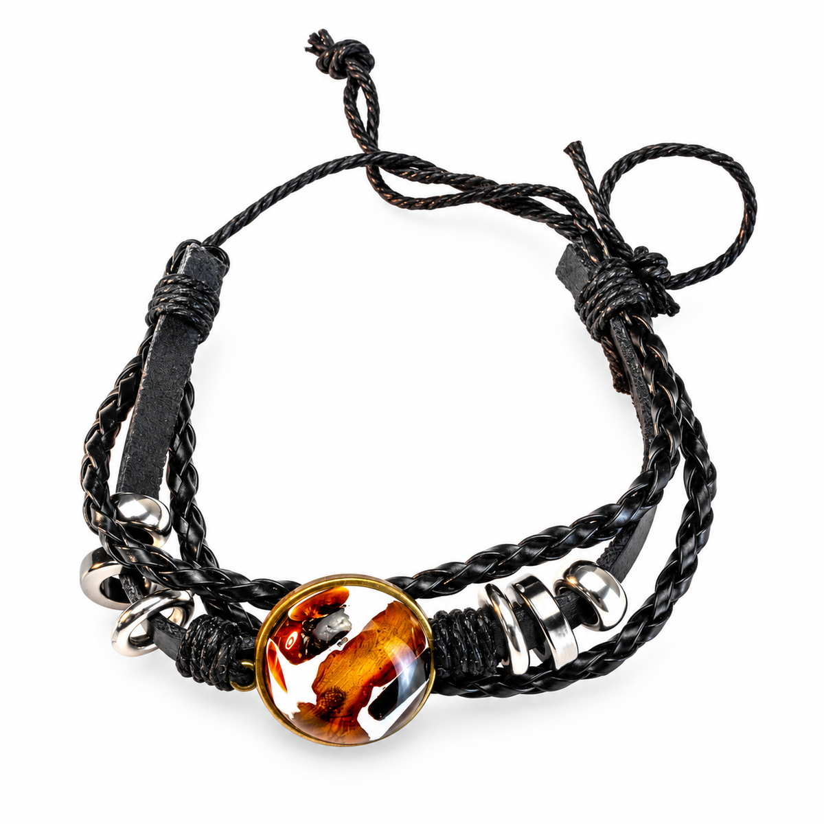 Round amber centerpiece, black leather braids and adjustable ties of a KIZIMA bracelet on white.