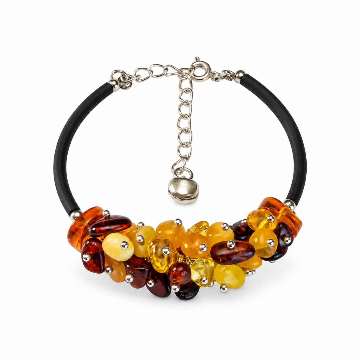KIZIMA 3N0250q8.50 multicolor amber cluster bracelet with black cord and silver-tone fittings isolated against pure white