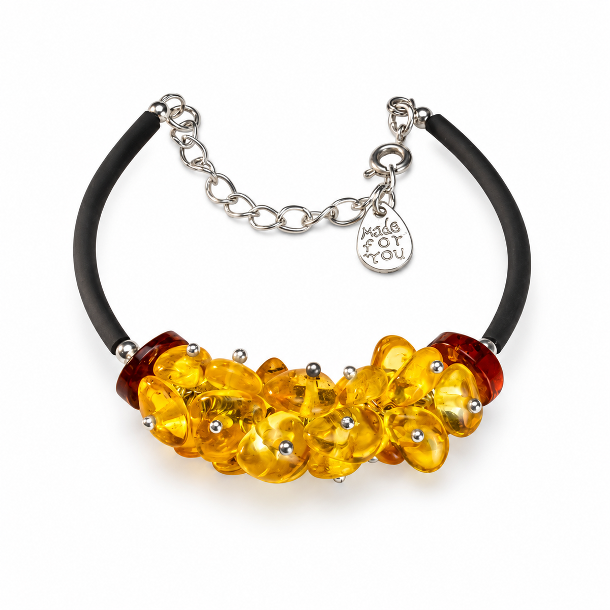 KIZIMA yellow amber cluster and black cord clasp bracelet on a pure white background.