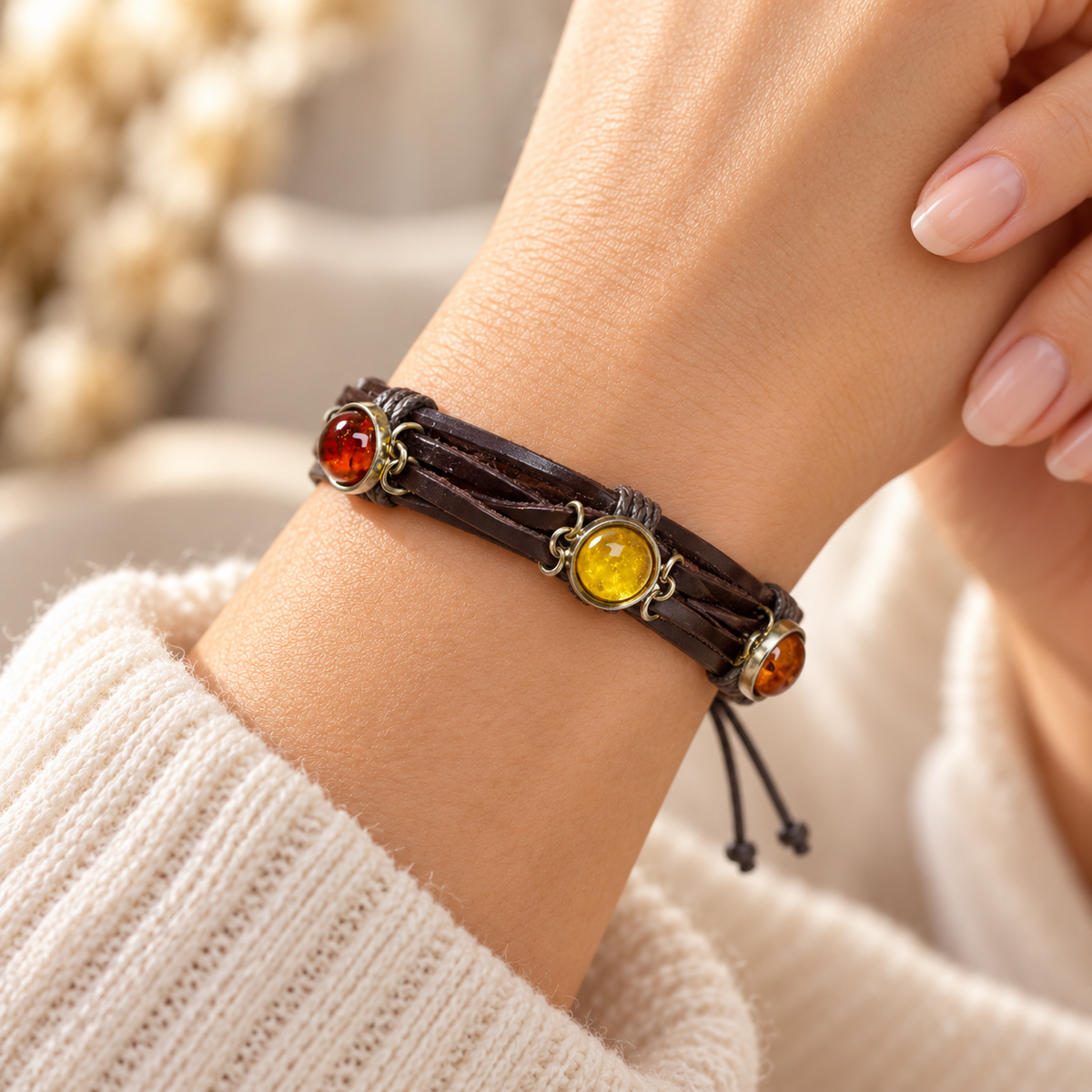 Three amber cabochons on the KIZIMA 3N0350mix leather bracelet worn around a woman's wrist