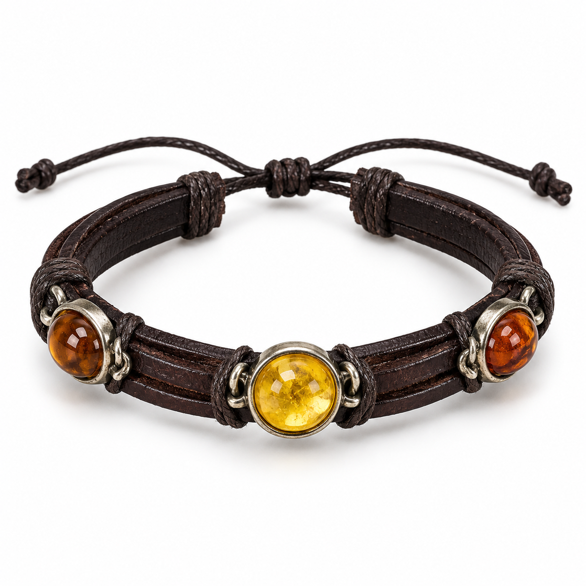 KIZIMA 3N0350mix adjustable brown leather and amber bracelet on a white background