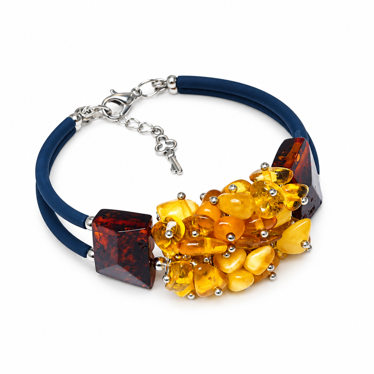 KIZIMA 3N0500q13.5 yellow amber cluster bracelet with dark cognac blocks and double navy cord isolated against pure white
