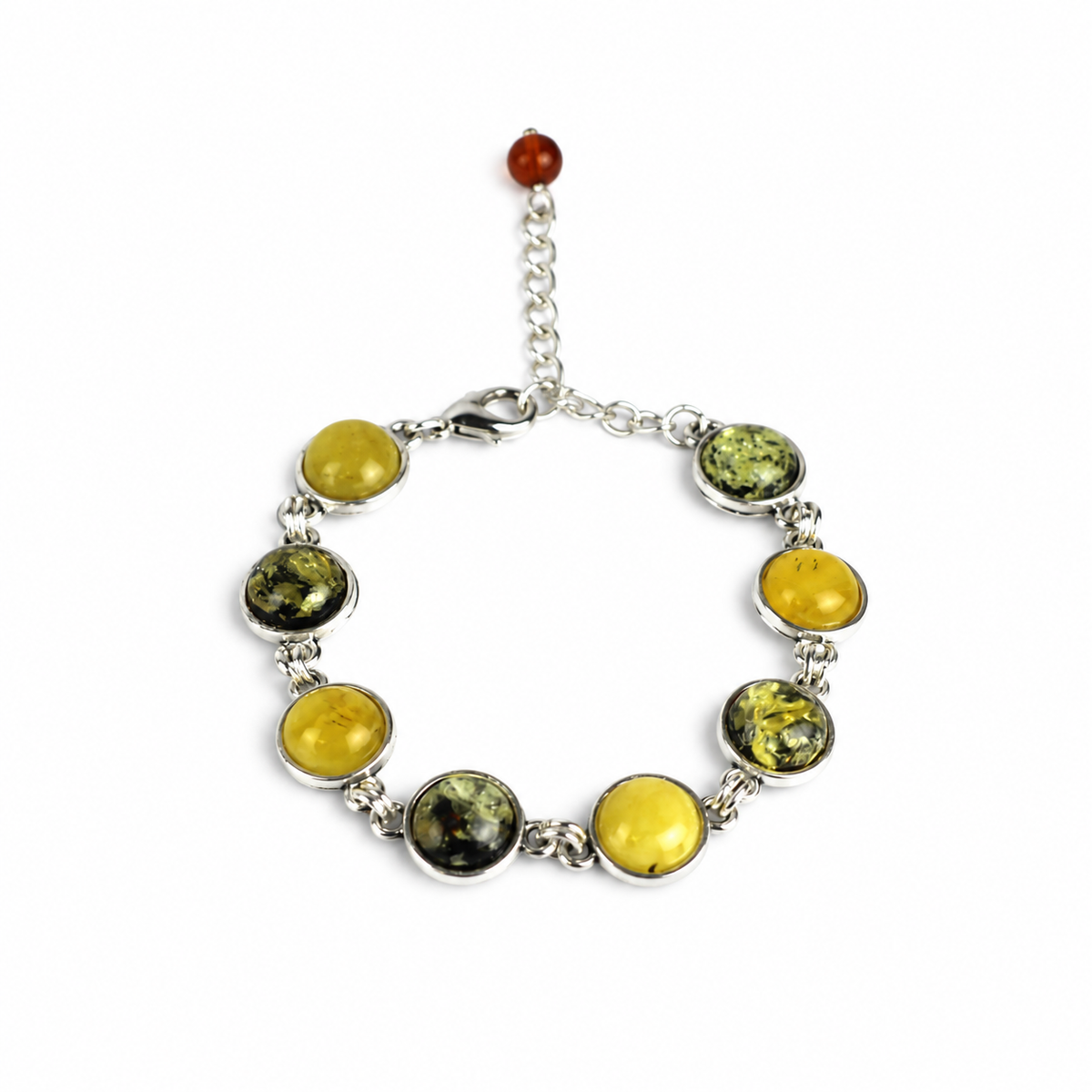KIZIMA 3N0900q12-1.1 bracelet with eight alternating yellow and green amber cabochons isolated against pure white