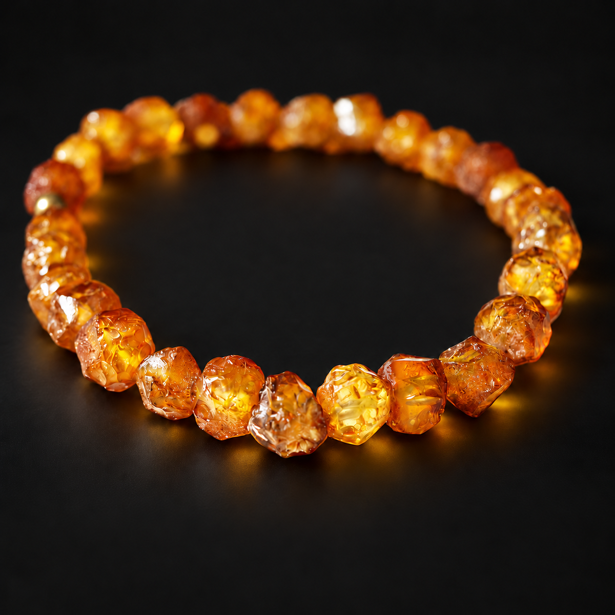 KIZIMA rough honey and cognac amber nugget bracelet photographed on premium black.