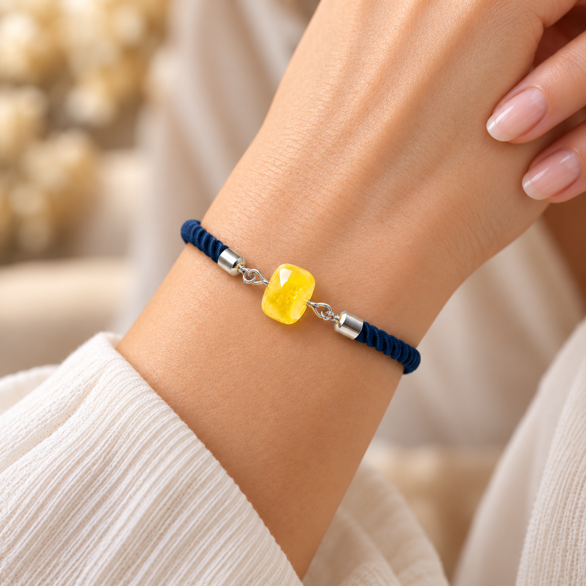 Yellow amber and navy cord bracelet by KIZIMA worn on a woman's wrist