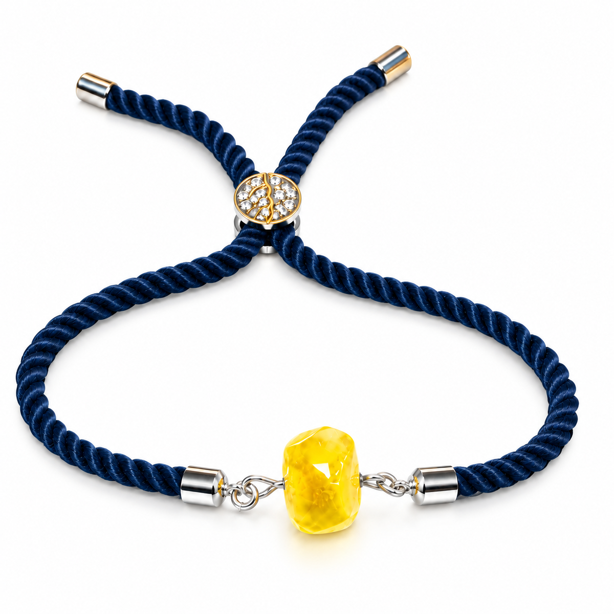 Adjustable navy rope bracelet with one faceted yellow amber stone on a white background