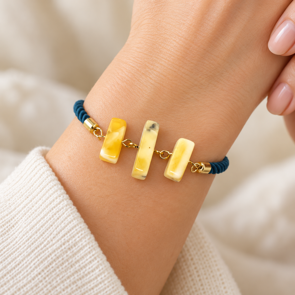 Three creamy amber bars linked with gold-tone fittings on a teal rope bracelet worn around a woman's wrist