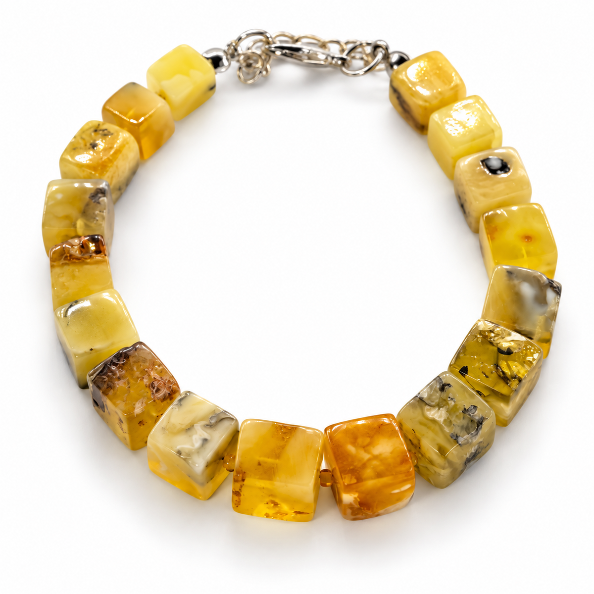 KIZIMA yellow amber cuboid bead bracelet with silver-tone clasp on a pure white background.