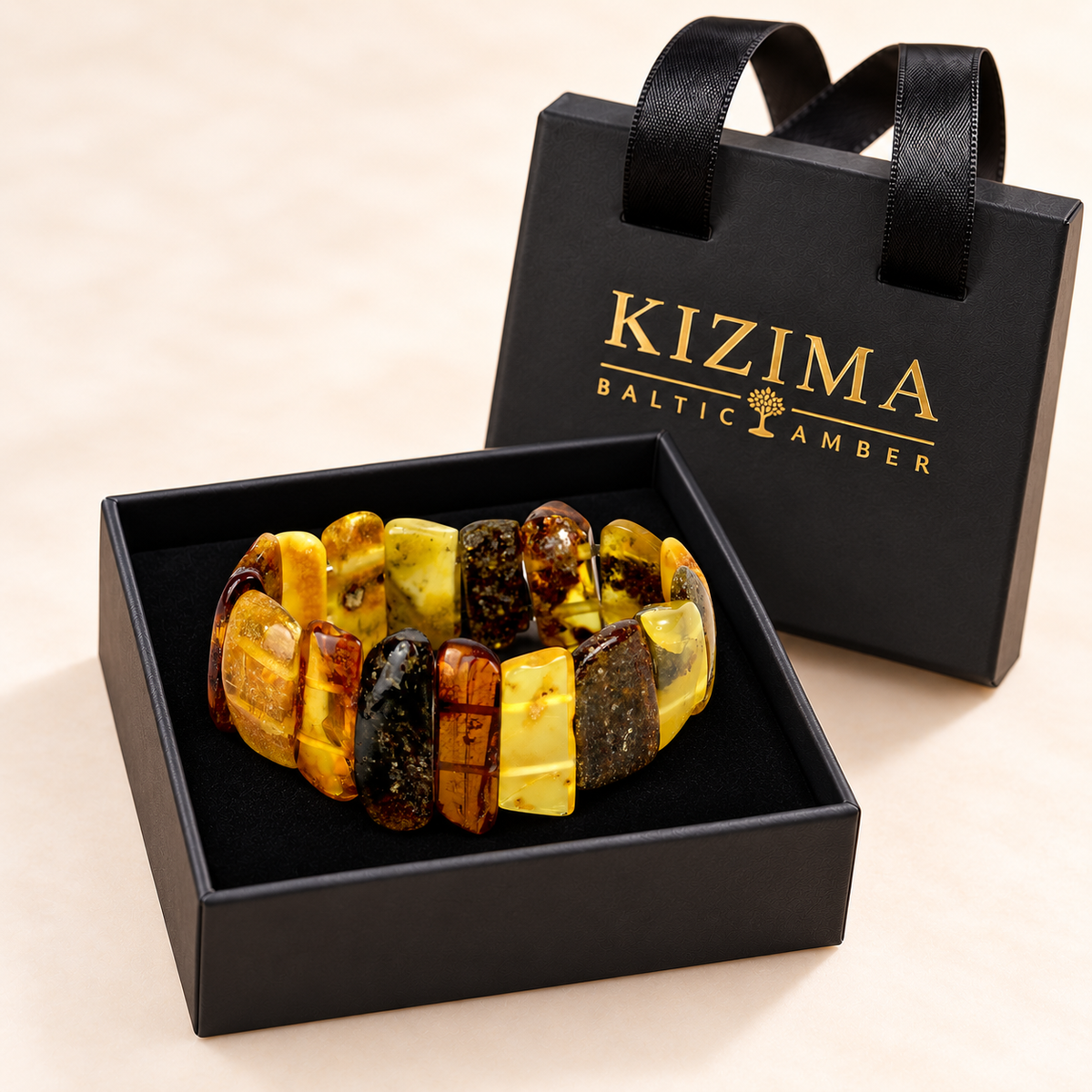 Wide multicolor amber panel bracelet displayed in a KIZIMA box lined with immaculate black velvet.