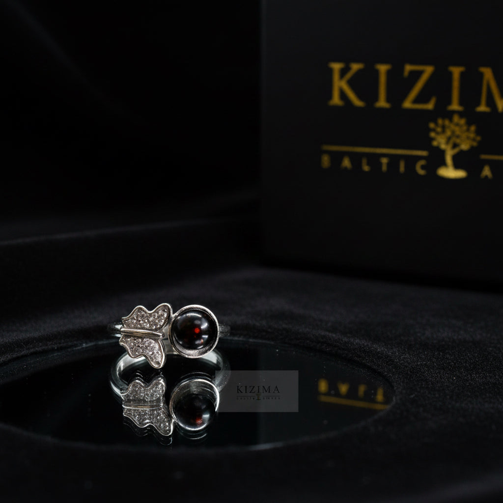 Handmade black Baltic amber ring by KIZIMA® — rare dark amber jewelry, made in USA
