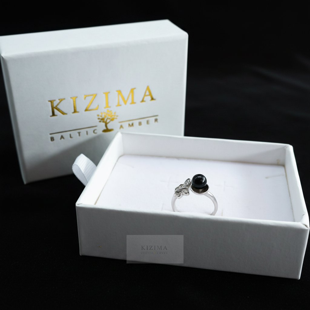 Certified black amber ring by KIZIMA® — handmade in USA, detail view