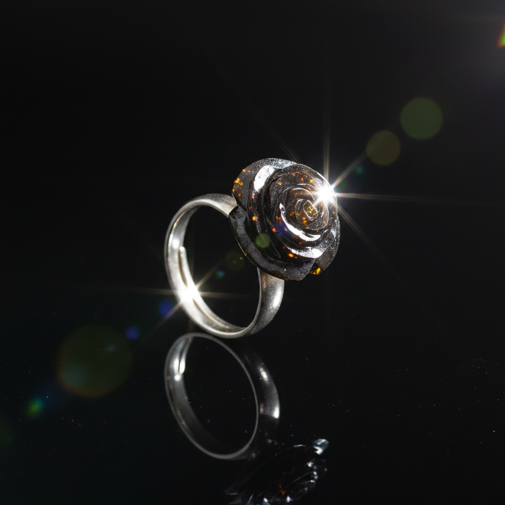 Dark red amber rose ring by KIZIMA® — handmade in USA, detail view