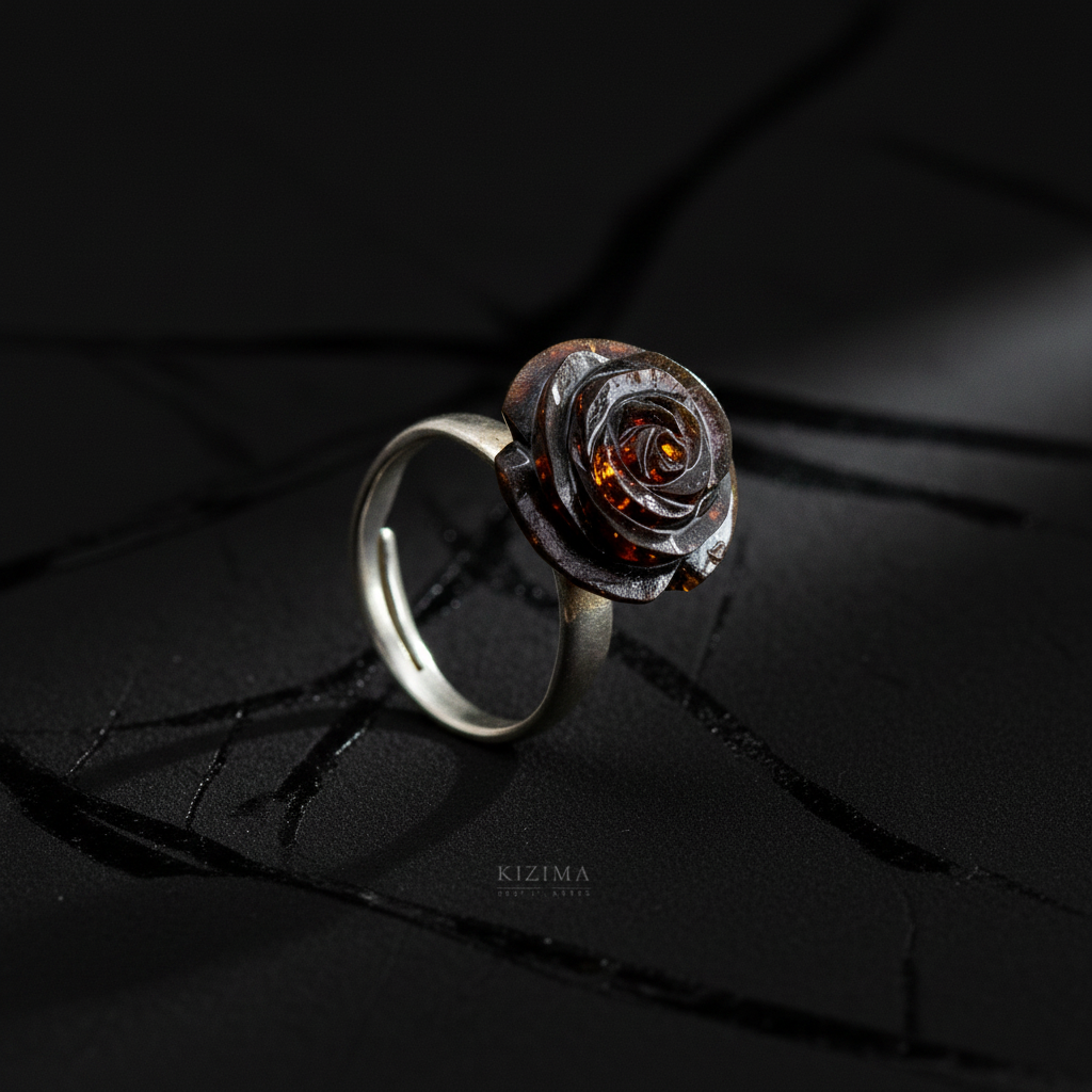 Dark red amber rose ring by KIZIMA® — handmade in USA, additional view