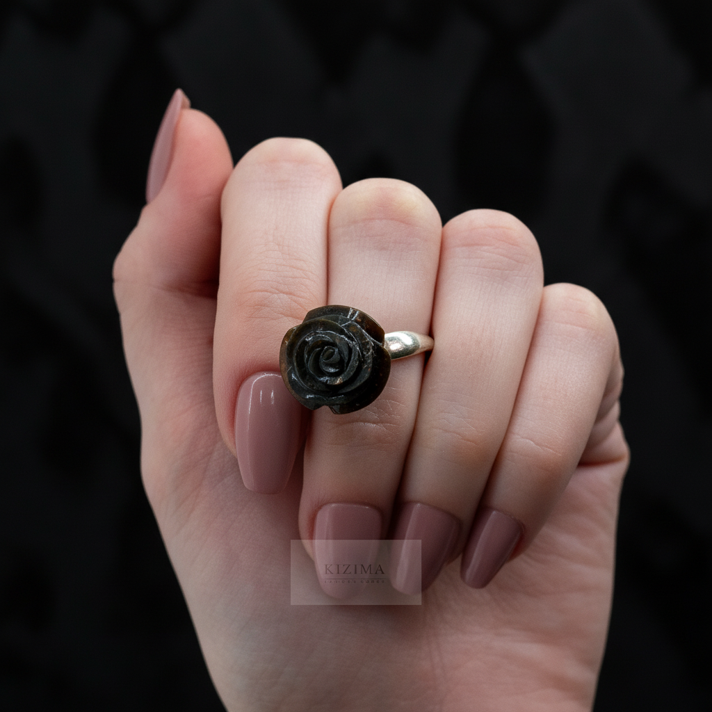 Dark red amber rose ring by KIZIMA® — handmade in USA, side view