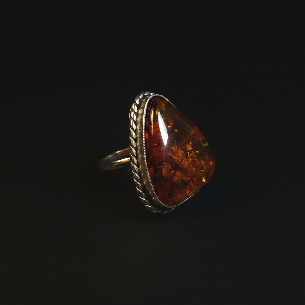 Cognac Baltic amber ring by KIZIMA® — handmade in USA, side view