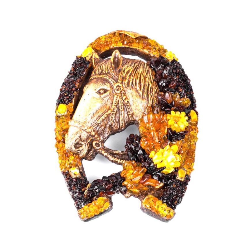 Luxury Amber Horseshoe with Horse Head – Handmade Baltic Amber Lucky Talisman KIZIMA