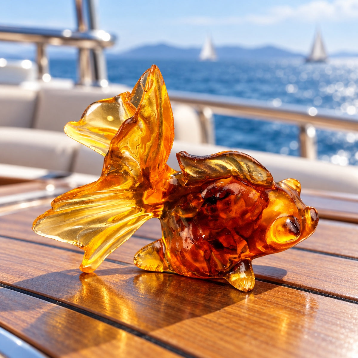 KIZIMA Golden goldfish figurine 45G0196q49.00 on a teak yacht table with blue sea in the background.