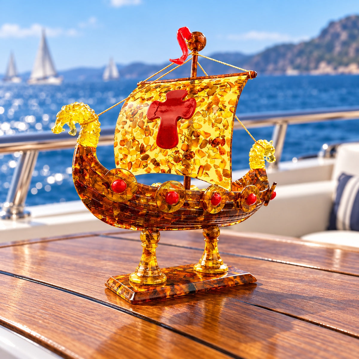 KIZIMA Viking ship sculpture 45P3700q193 on a teak yacht table with blue sea in the background.