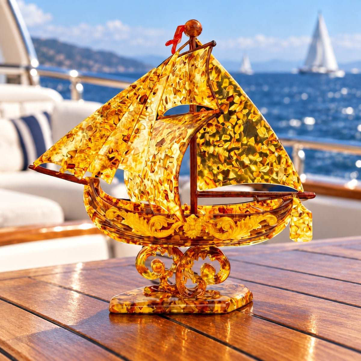 KIZIMA Amber galleon sculpture 45P4200q253 on a teak yacht table with blue sea in the background.