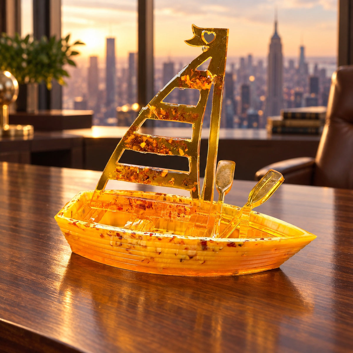 KIZIMA Sailboat with oars 45SHIP1Q150-18-17-16 on a walnut desk in a Manhattan executive office.