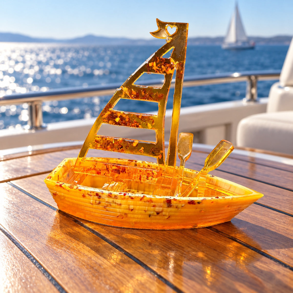 KIZIMA Sailboat with oars 45SHIP1Q150-18-17-16 on a yacht table overlooking the sea.
