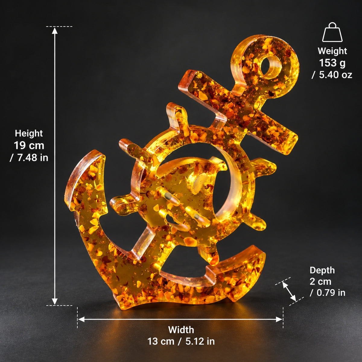 KIZIMA anchor dimensions: height 19 cm (7.48 in), width 13 cm (5.12 in), depth 2 cm (0.79 in), weight 153 g (5.40 oz).