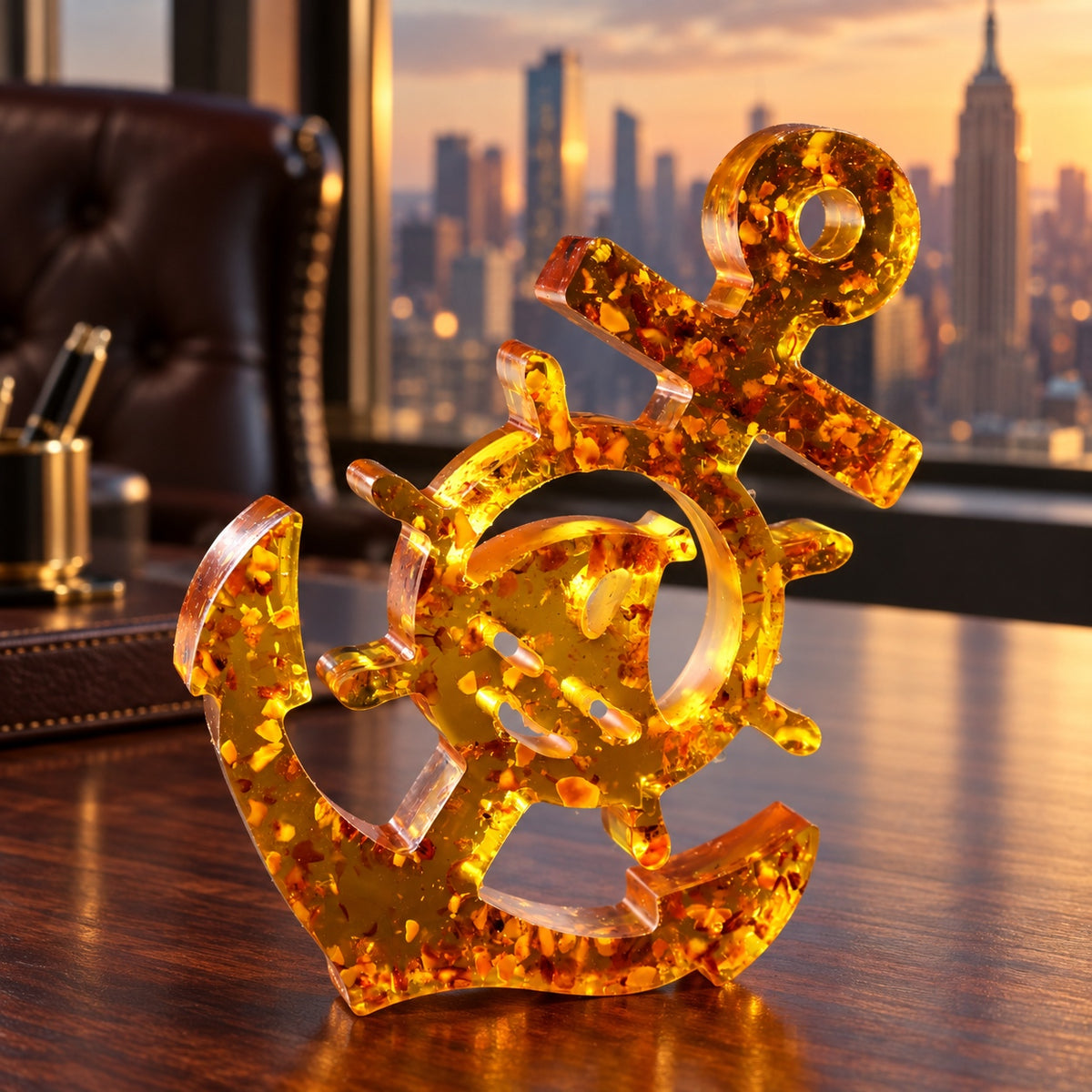 KIZIMA Baltic amber anchor displayed on a walnut desk in a New York executive office.