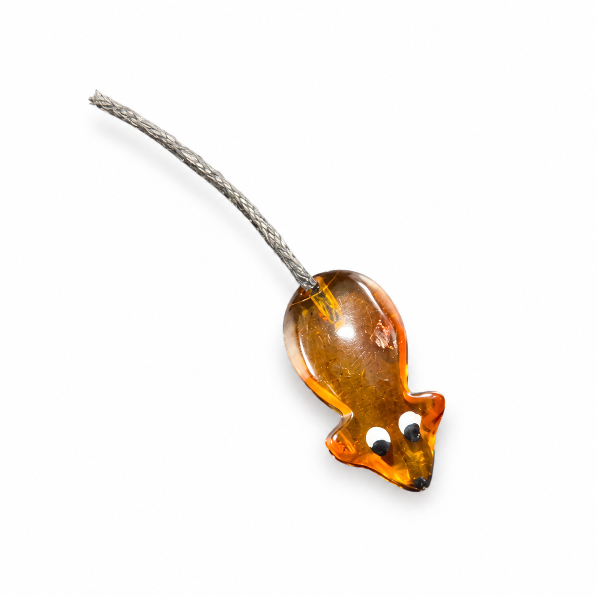 Made in USA Natural Baltic Amber money mouse amulet by KIZIMA®, translucent cognac-honey mouse with painted eyes and cord tail on white