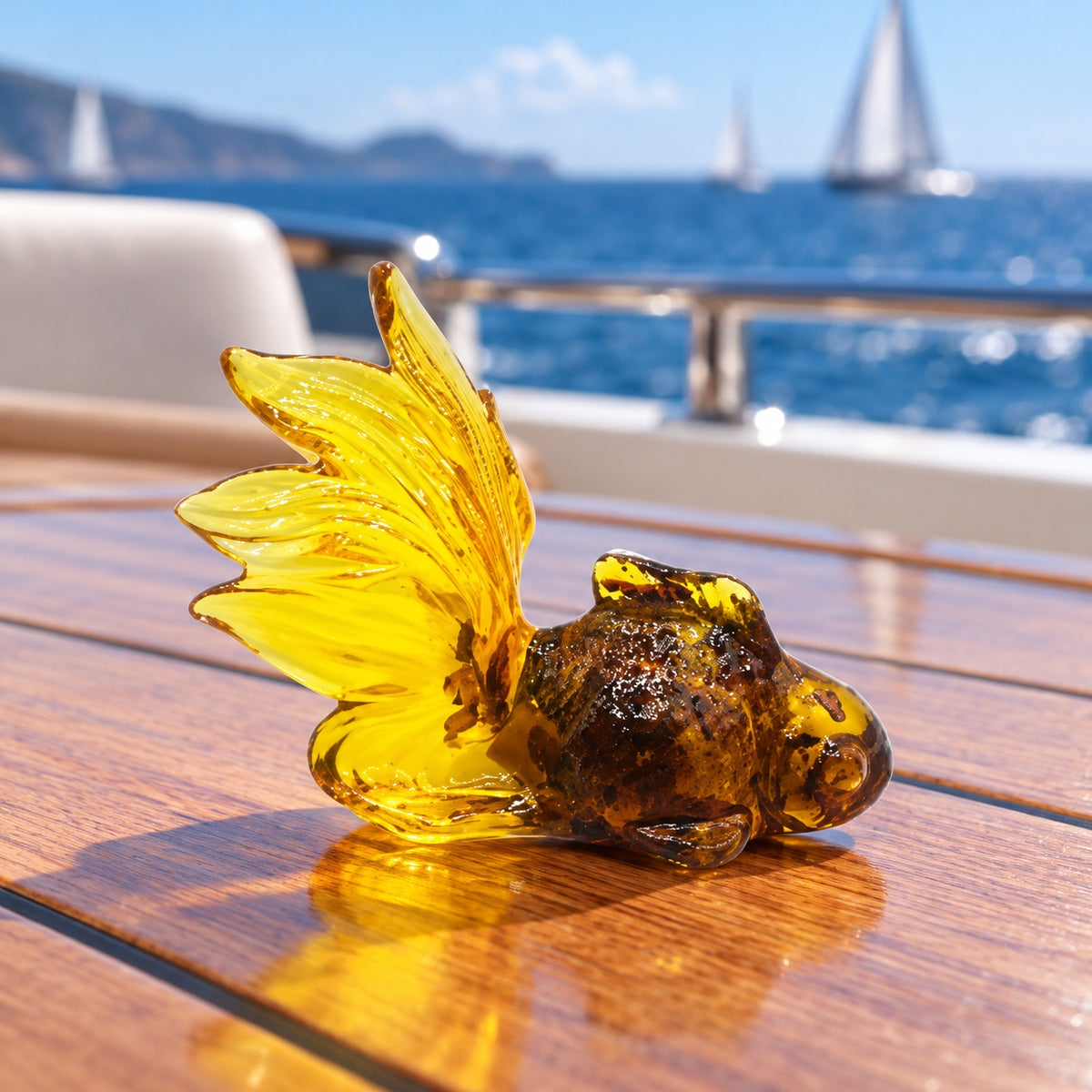 KIZIMA Goldfish art figurine 49A001q73 on a teak yacht table with blue sea in the background.