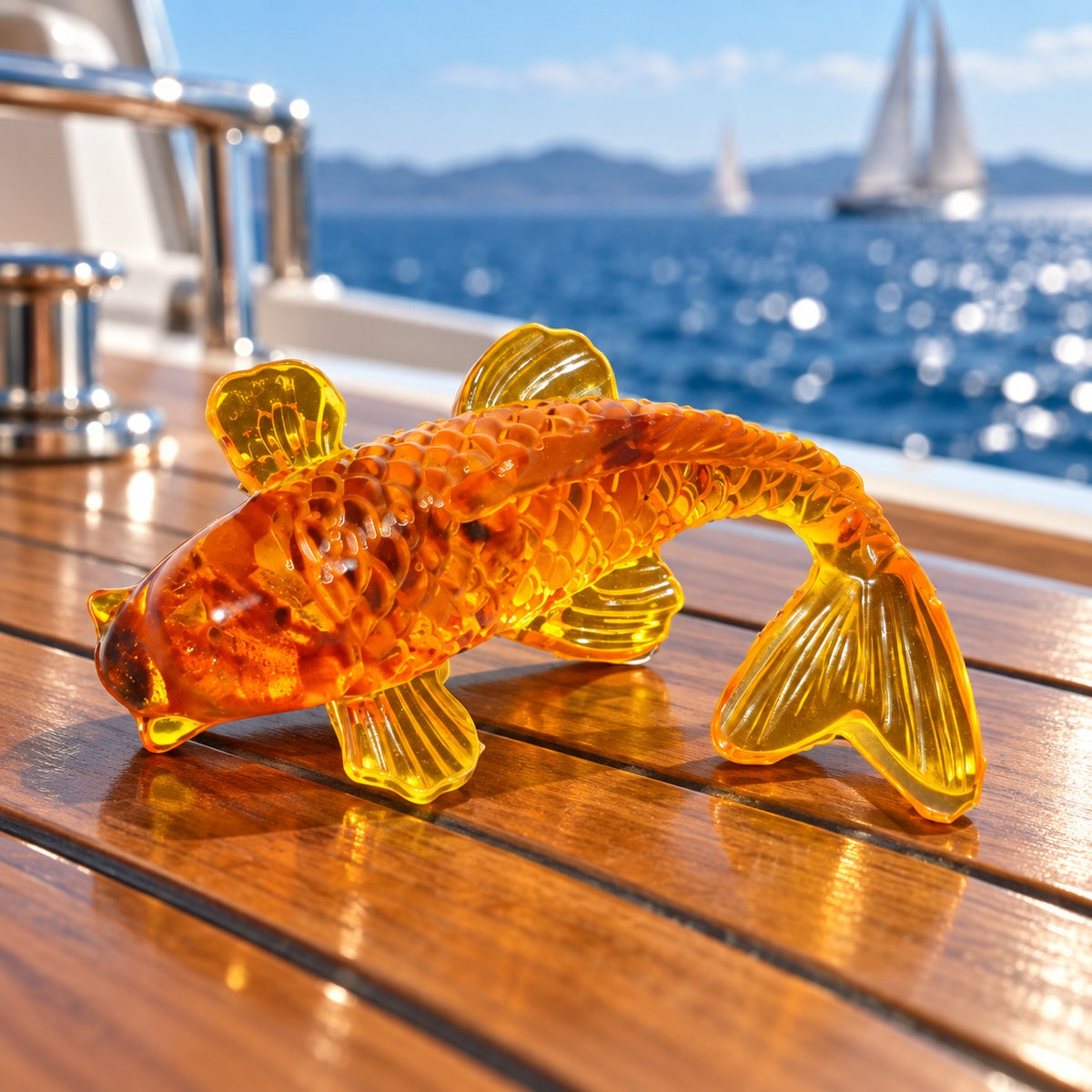 KIZIMA Small fish talisman 49A002q9 on a teak yacht table with blue sea in the background.