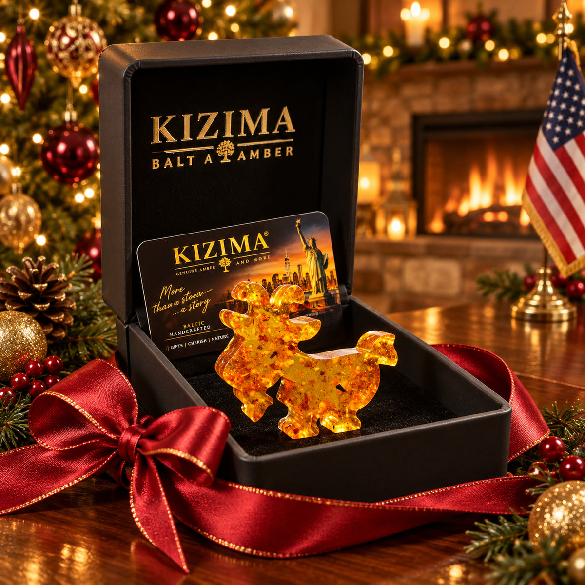 Large flat amber goat with curved horns and a beard displayed in a black KIZIMA gift box with a red satin bow, beside Christmas lights and an American flag.