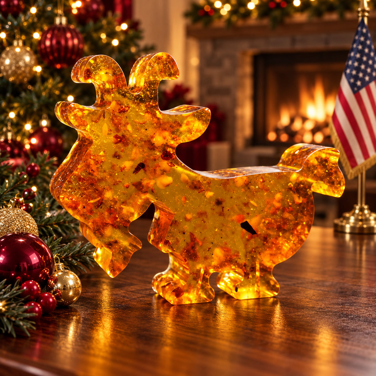Large flat amber goat with curved horns and a beard on a walnut tabletop beside red and gold ornaments, with a Christmas tree, fireplace and American flag in the background.