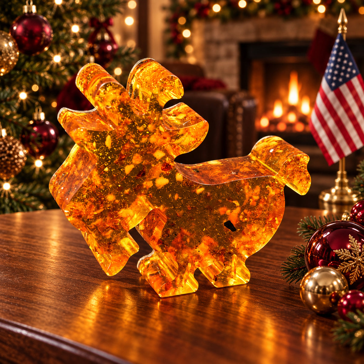 Small flat amber goat with curved horns and a beard on a walnut tabletop beside red and gold ornaments, with a Christmas tree, fireplace and American flag in the background.