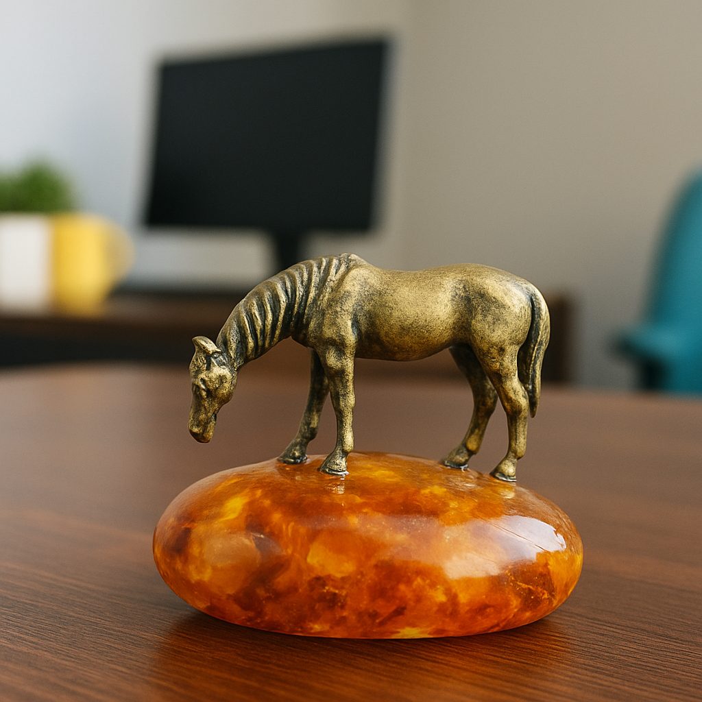 USA Handmade Brass Horse Figurine on Amber - KIZIMA