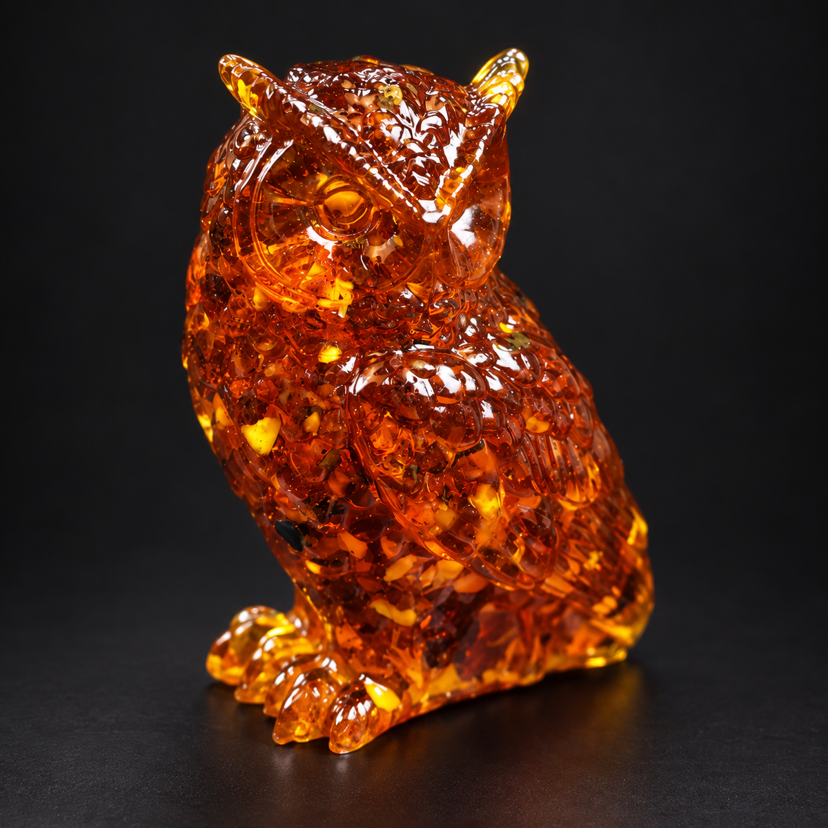 Translucent cognac amber owl with raised feather details and golden inclusions, photographed against a charcoal studio background.