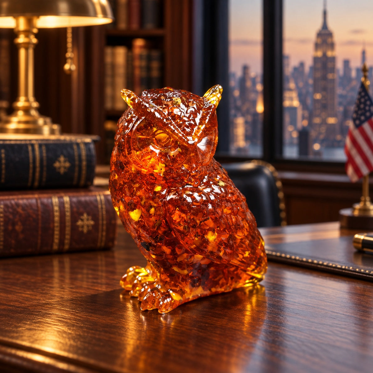 Cognac amber owl on a walnut desk beside books, with a brass lamp, Manhattan skyline and American flag in the softly blurred background.