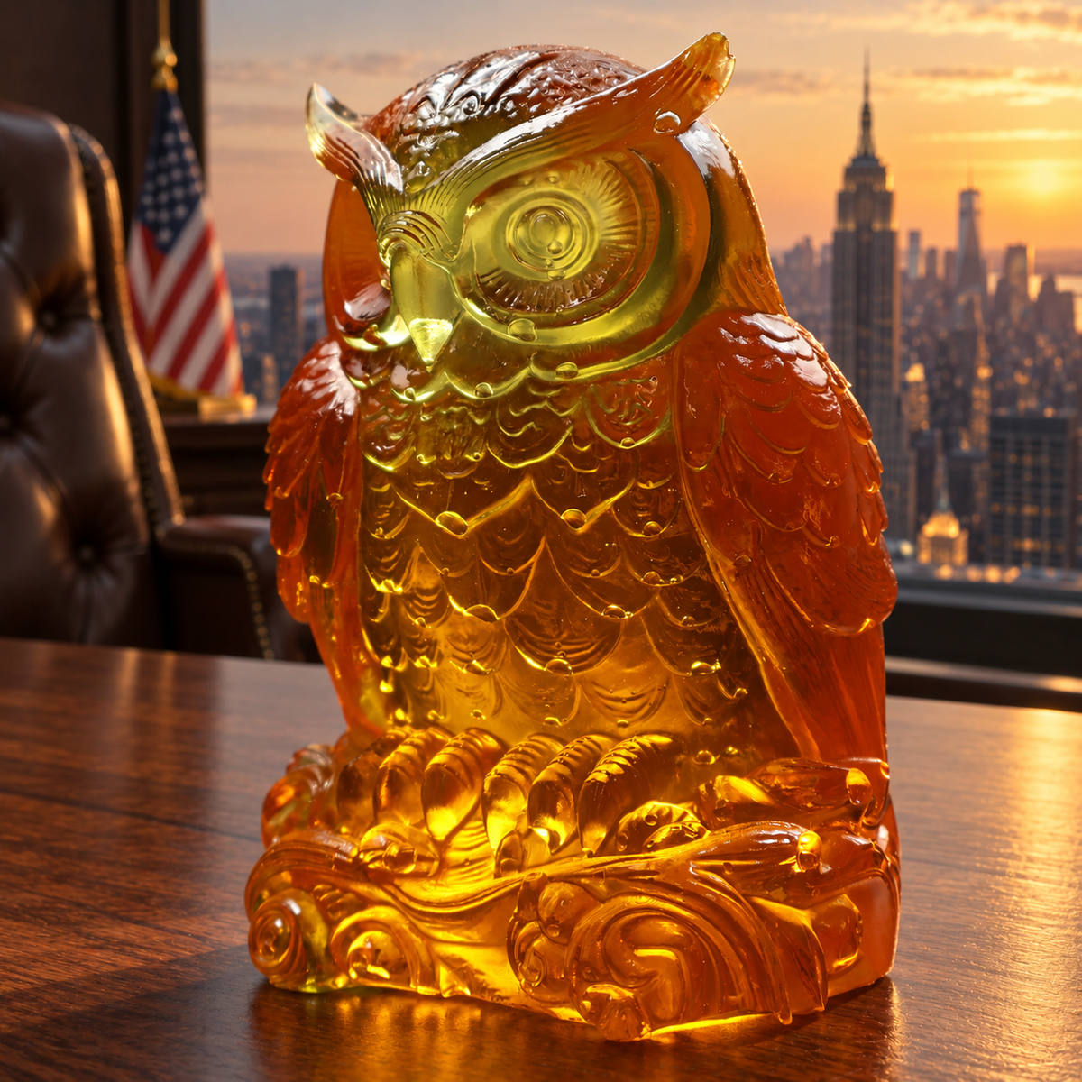 KIZIMA 49OWL01Q125-8-6-5: Baltic amber owl on carved scroll base, on an oak desk with leather executive chair, US flag and uninterrupted Manhattan view