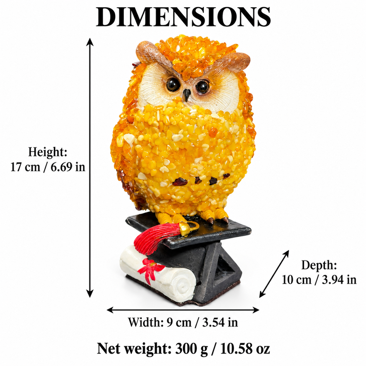 Size chart of the amber graduation owl: height 17 cm, width 9 cm, depth 10 cm, net weight 300 g, with inch and ounce values.