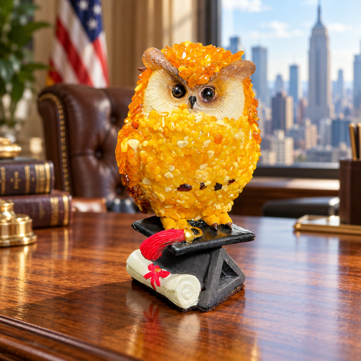 Made in USA natural Baltic amber mosaic graduation owl on a cap and diploma, on an oak desk in a Manhattan office.