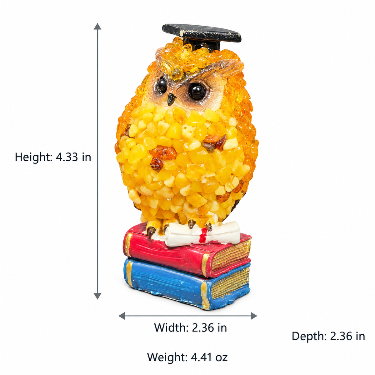 Size chart of the amber graduation owl on books: height 11 cm, width 6 cm, depth 6 cm, net weight 125 g.