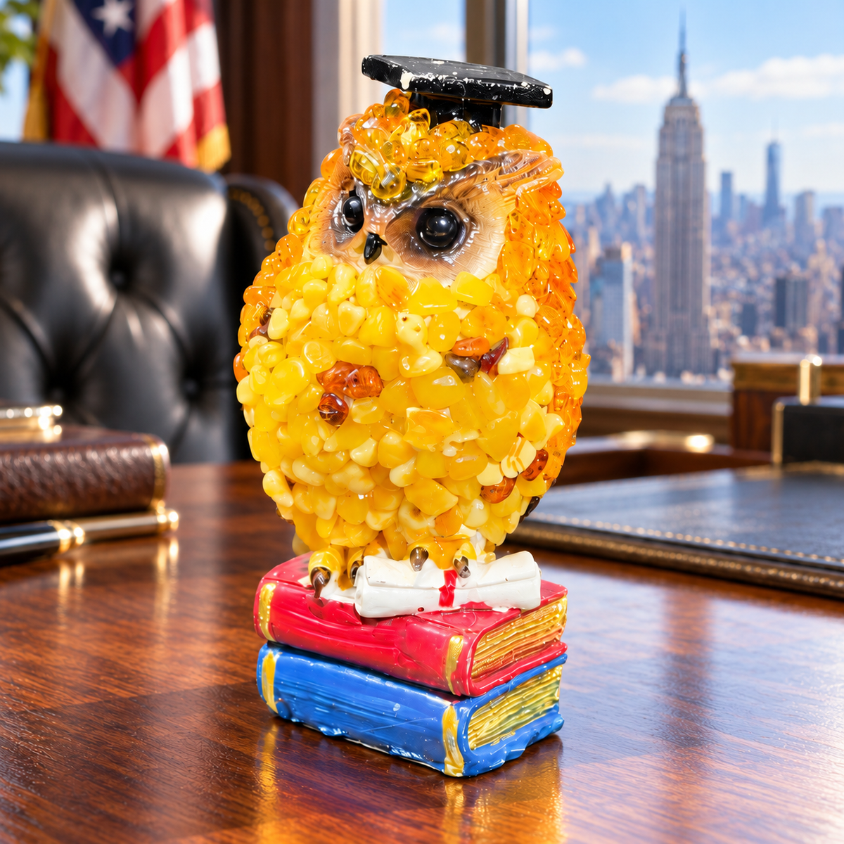 Made in USA natural Baltic amber graduation owl on red and blue books, on an oak desk with an American flag and Manhattan skyline.