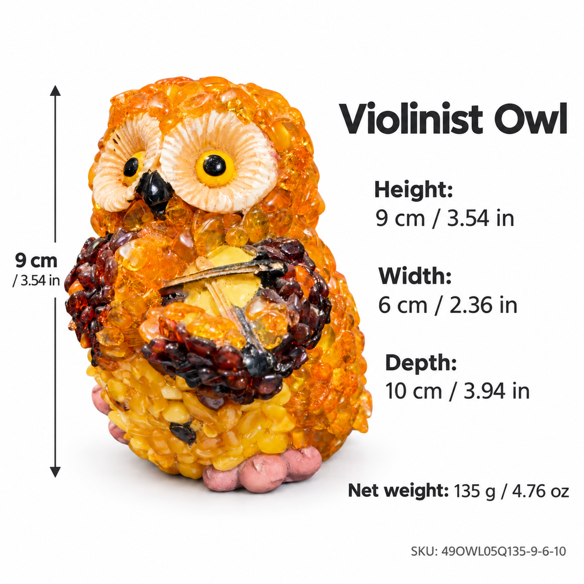 Size chart of the amber violinist owl: height 9 cm, width 6 cm, depth 10 cm, net weight 135 g.