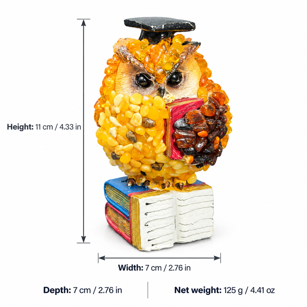 Size chart of the amber scholar owl: height 11 cm, width and depth 7 cm, net weight 125 g, with inch and ounce values.