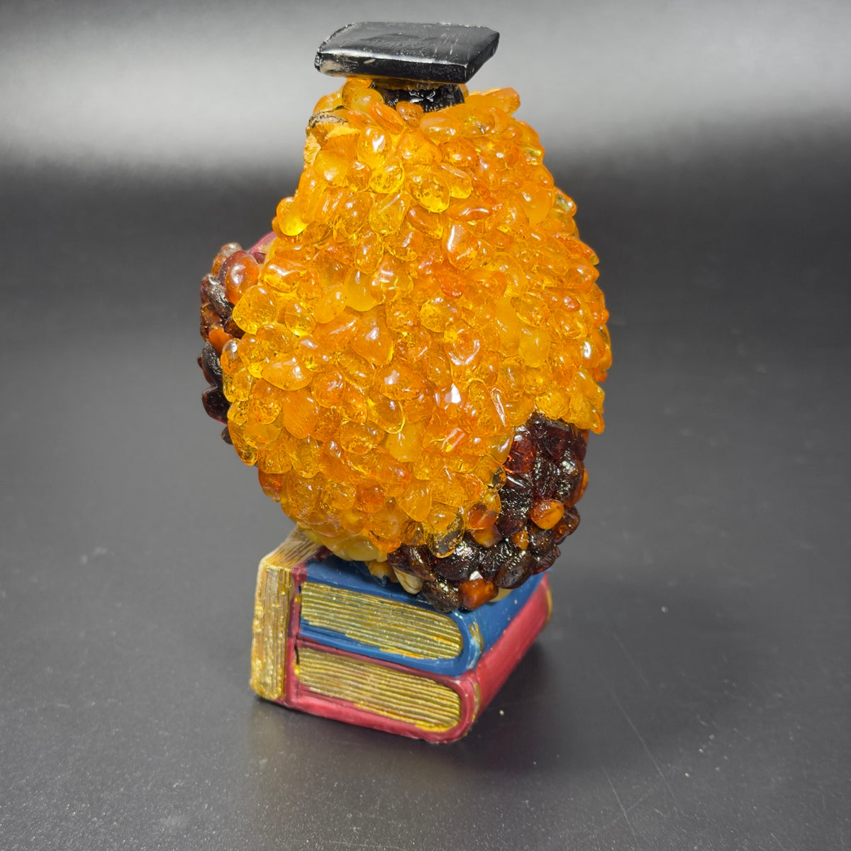 Back of the scholar owl covered in golden amber, standing on two closed blue and red books.