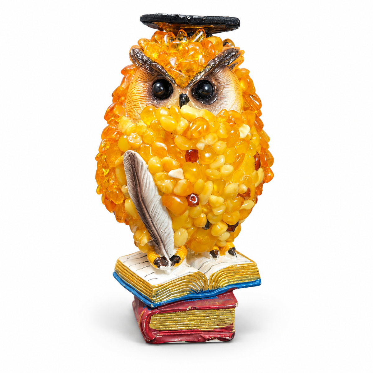 Graduation owl figurine with black eyes and golden-yellow chip detail on a white studio background, SKU 49OWL07Q116-11-7-7