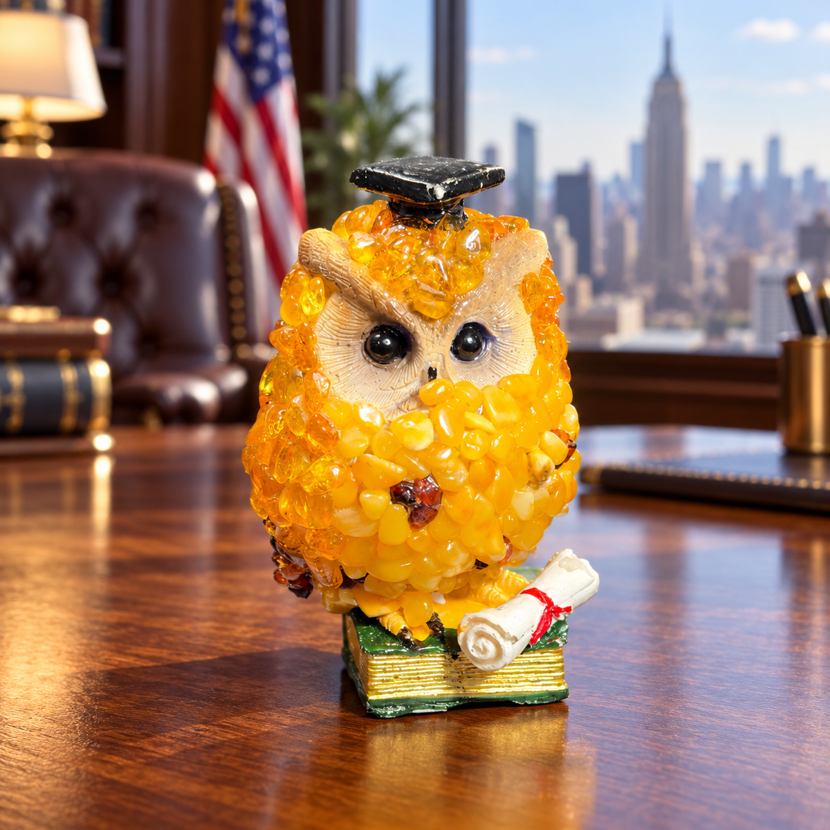 Made in USA natural Baltic amber graduate owl on a green book with a red-ribbon diploma, on an office desk.