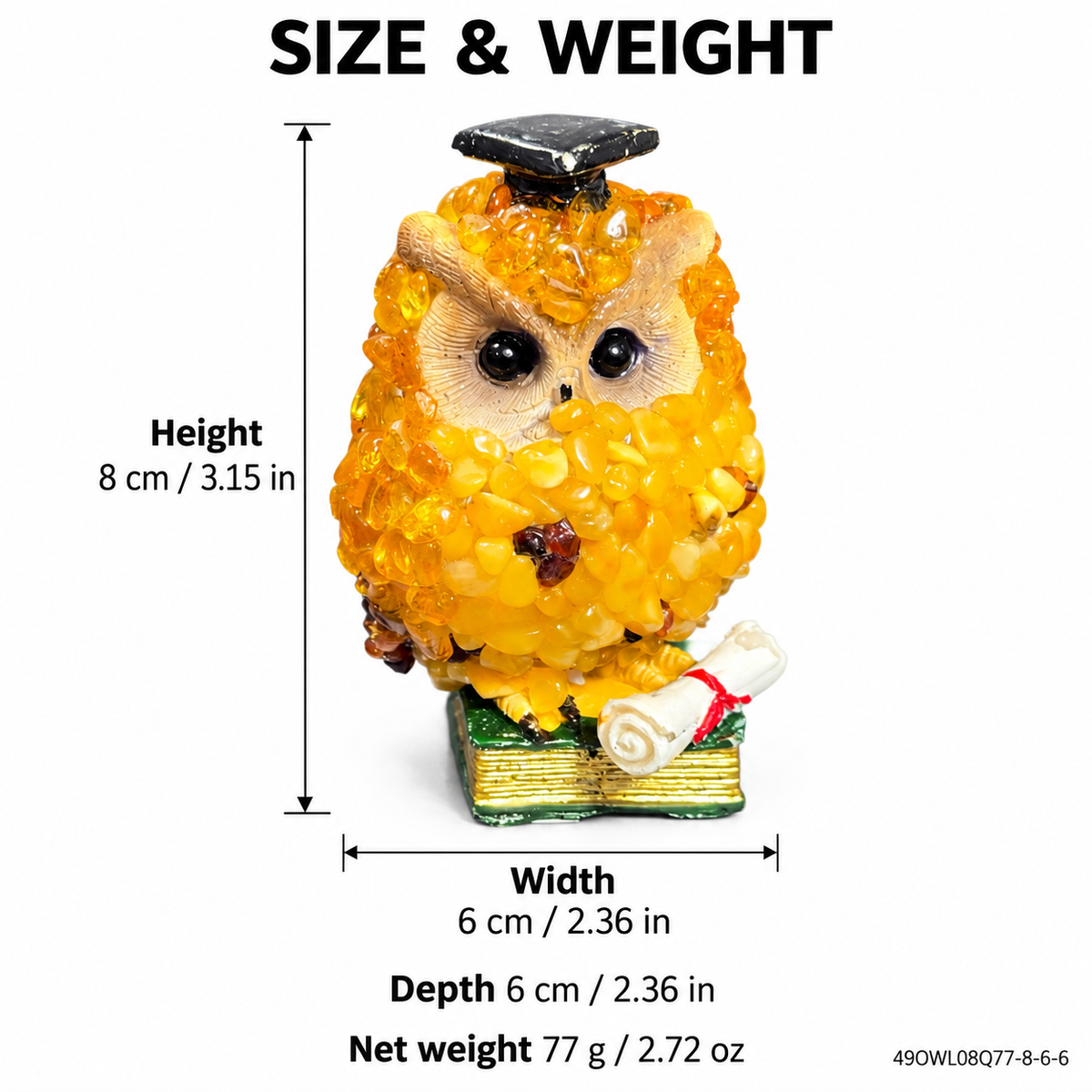 Golden-yellow graduate owl size guide showing height 8 cm, width 6 cm, depth 6 cm and net weight 77 g